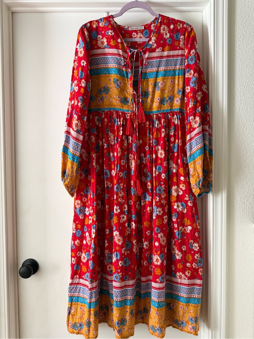 Red Floral Midi Dress with Mustard Accents - Women